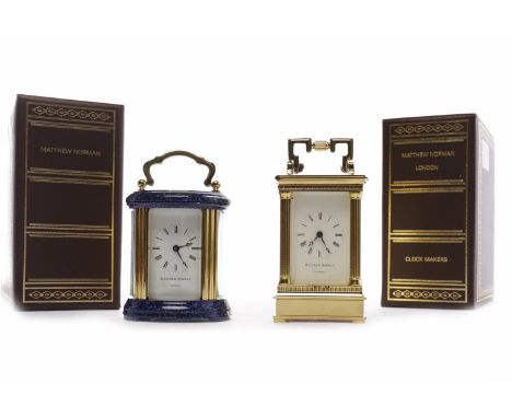 MATTHEW NORMAN MINIATURE CARRIAGE CLOCKcontained within an oval brass case, with white Roman numeral enamel dial, blue steel 