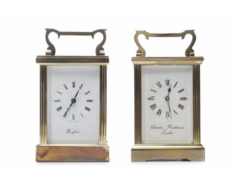 TWO 20TH CENTURY BRASS CARRIAGE CLOCKSby Charles Frodsham, London, and Woodford; each with white enamel Roman numeral dials, 