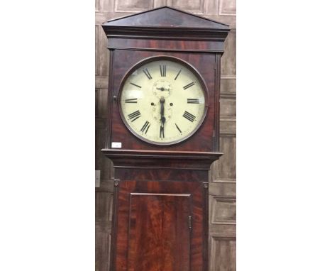 EARLY 19TH CENTURY MAHOGANY LONGCASE CLOCKthe unsigned eight day two train movement striking on a bell, the 14 inch painted d