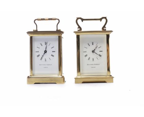 TWO 20TH CENTURY MATTHEW NORMAN BRASS CARRIAGE CLOCKSeach white enamel dial with Roman numerals and pierced blued steel hands