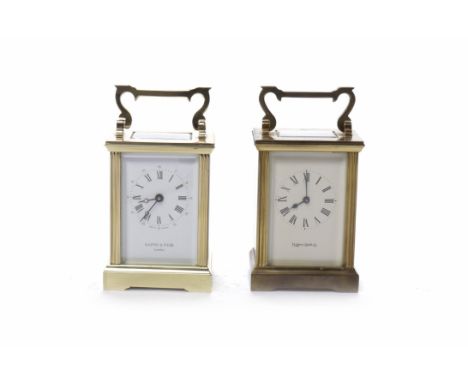 TWO MAPPIN & WEBB BRASS CARRIAGE CLOCKSwith Roman numeral dial and blued steel hands, anchor escapement, with key, 15cm high 