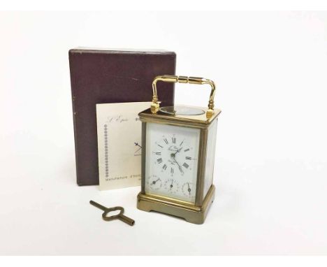L'EPEE REPEATING FOUR-DIAL BRASS CARRIAGE CLOCKwith Roman numeral chapter ring, white enamel dial, blue steel moon hands, wit