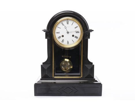 LATE VICTORIAN HAMILTON & INCHES ARCHITECTURAL BLACK MARBLE MANTEL CLOCKthe enamel dial with Roman numerals and moon hands, t