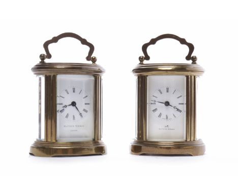 TWO MATTHEW NORMAN MINIATURE CARRIAGE CLOCKSeach contained within an oval brass case, with white Roman numeral enamel dials a