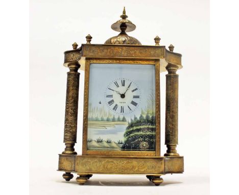 UNUSUAL BRASS MANTEL CLOCKsingle train movement, the porcelain dial with painted rural scene, Roman numerals, pierced steel h