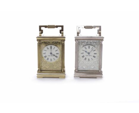 TWO 20TH CENTURY MAPPIN & WEBB CARRIAGE CLOCKS to include a Royal Commemorative silver plated carriage clock, with Roman nume