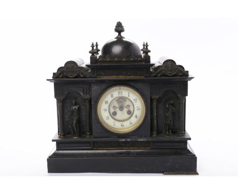VICTORIAN ARCHITECTURAL SLATE MANTEL CLOCKthe enamelled Arabic numeral chapter ring lacking its hands, the two train movement
