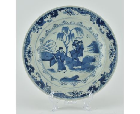 A 18th century Kangxi blue and white plate decorated with Xixiangji - Romance of the Western Chamber story scene. Measures ap