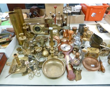 A PAIR OF BRASS APPROX 3" DIAMETER SHELL CASES AND OTHER BRASS WARES AND METAL WARES, INCLUDING; A SMALL ALTER CROSS, CANDLES