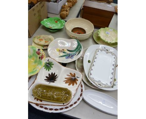 TWO CARLTON WARE LEAF PATTERN DISHES, SIMILAR ITEMS INCLUDING MINTON CABBAGE PATTERN DRAINING BOWL, ON STAND, SHORTER AND SON