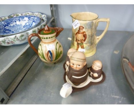 ALLERVALE, POTTERY MOTTO WARE SMALL COFFEE POT, ROYAL DOULTON SERIES WARE JUG 'FALSTAFF' AND A GOEBEL POTTERY CONDIMENT SET O