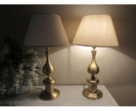 A pair of large brass spun table lamps with shades, 82cm tall, Collectors Electrical Item, see Information Pages 