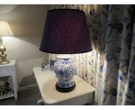 A modern blue and white Oriental ginger jar form table lamp with blue shade, 76cm tall, Collectors Electrical Item, see Infor