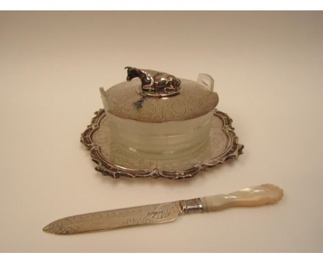 A Victorian Henry Wilkinson &amp; Co silver butter dish, the top surmounted by a cow. All over engraved cartouches, Sheffield