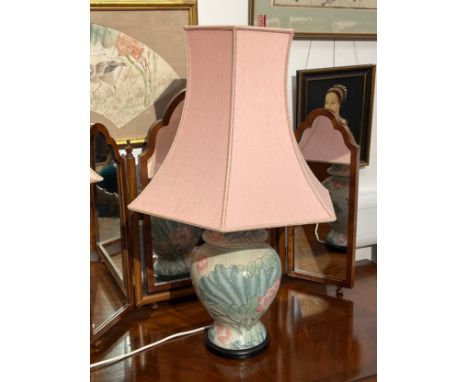 A modern ceramic ginger jar form lamp with floral detail, pink shade, Collectors Electrical Item, see Information Pages 