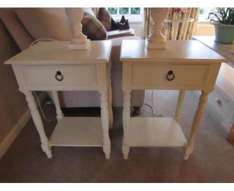 A pair of modern lamp tables with drawer and undertier, melon fluted legs painted in cream, 70.5cm x 48cm x 36cm, Collectors 