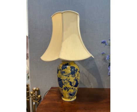 A yellow glazed pottery lamp base with shade, 75cm tall, Collectors Electrical Item, see Information Pages 