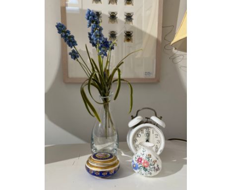 A glass vase with faux flowers, alarm clock, trinket pots (4) 