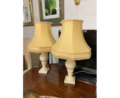 A pair of onyx lamps with tasselled shades, 62cm tall, Collectors Electrical Item, see Information Pages 
