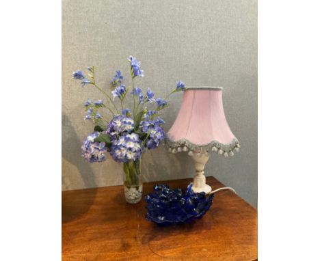 A modern faux floral vase display, blue glass leaf dish and marble lamp with purple shade (3), Collectors Electrical Item, se