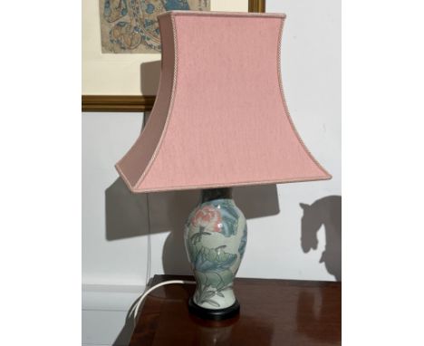 A pair of ceramic floral decorated lamps with pink shades, 57cm tall, Collectors Electrical Item, see Information Pages 