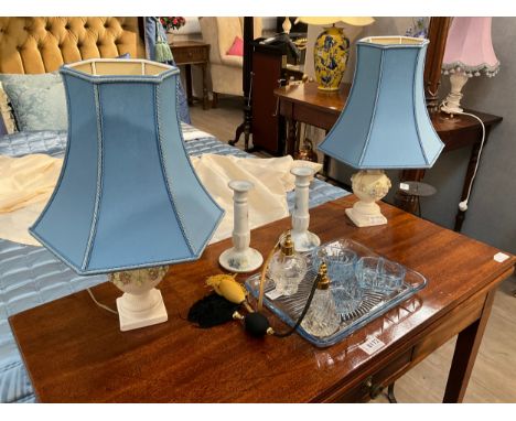 Dressing table items including a pair of blue shaded lamps, candlesticks, atomisers and Deco style items (10), Collectors Ele
