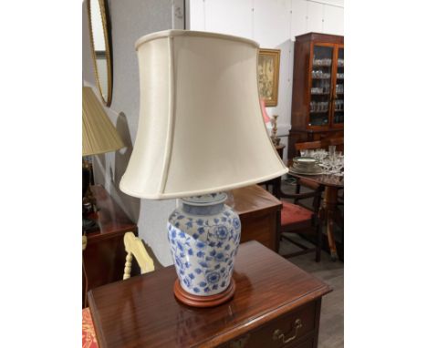 A pair of modern ceramic blue and white ginger jar form lamps with cream shades, 67cm tall, Collectors Electrical Item, see I