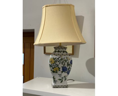 A pair of Chinese modern vase form lamps with hand painted floral and leaf design, cream shades, 71cm tall, Collectors Electr