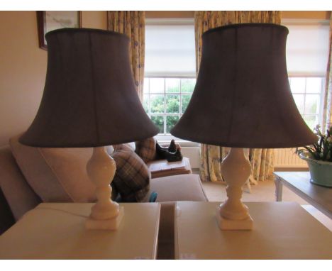 A pair of modern white onyx lamps with blue shades, 58cm tall, Collectors Electrical Item, see Information Pages 
