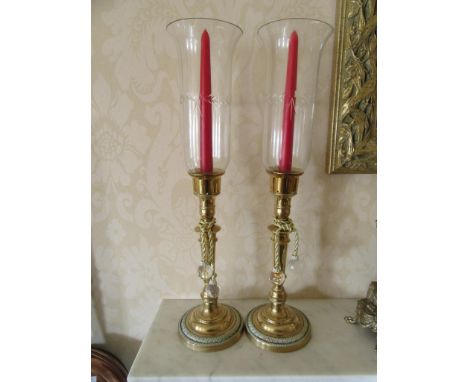 A pair of etched glass hurricane lamps with brass candle supports, 55cm tall, Collectors Electrical Item, see Information Pag