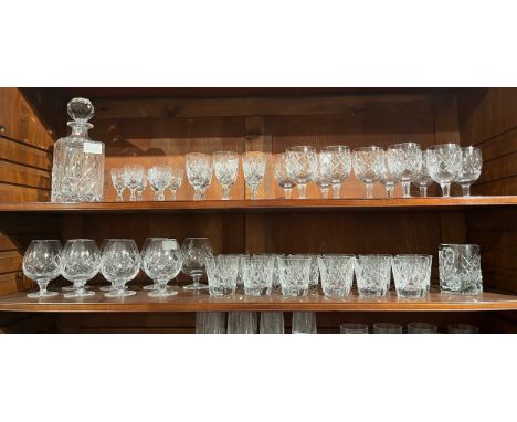 Quantity/suite of crystal glasses, wine, brandy, spirits and square form decanter 