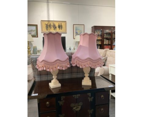 A pair of bedside lamps with pink shades 45cm tall, Collectors Electrical Item, see Information Pages 