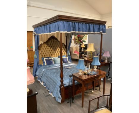 A 19th Century and later four poster bed with button back headboard, canopy, curtains and valance, ( no mattress) 22cm x 224c