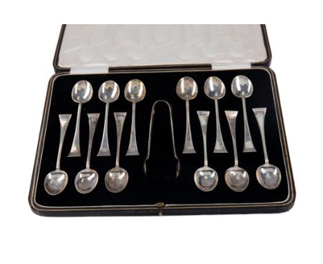 SET OF TWELVE GEORGE V SILVER COFFEE SPOONS AND TONGS, maker Charles James Allan, Sheffield 1936, each with initial engraved 