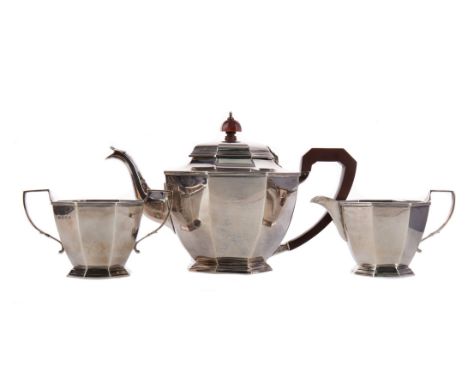 GEORGE V SILVER THREE-PIECE TEA SERVICE, maker Adie Brothers, Birmingham 1931, comprising teapot, sugar and cream, each of fo