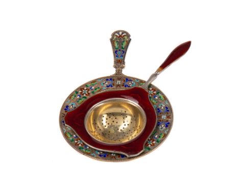 CONTINENTAL SILVER GILT AND CLOISONNE ENAMEL TEA STRAINER, stamped '925' with further indistinct mark, length 12.3 cm, and an