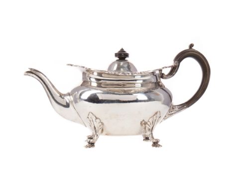 EDWARD VII SILVER TEAPOT, maker's mark rubbed, Glasgow 1904, with cast detail to rim and raised on four shaped supports, with