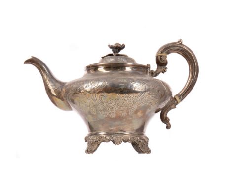 VICTORIAN SILVER TEAPOT, maker William Hunter, London 1848, of squat baluster form, engraved with scrolling foliage, with a f