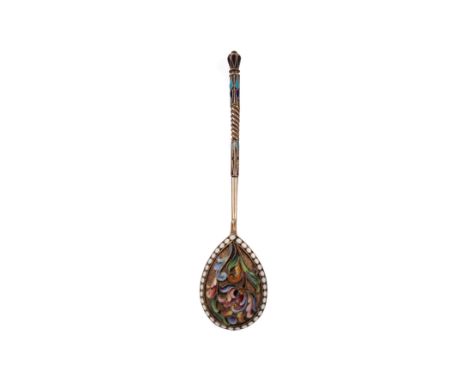 IMPERIAL RUSSIAN SILVER AND CLOISONNÉ ENAMEL SPOON, Moscow 1896-1908, 84 zolotniks, the enamelled terminal above a twist stem