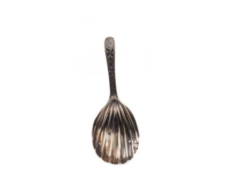 GEORGE III SILVER CADDY SPOON, maker Thomas Northcote, London 1782, with bright cut handle and shell shaped bowl, 8.6cm long,