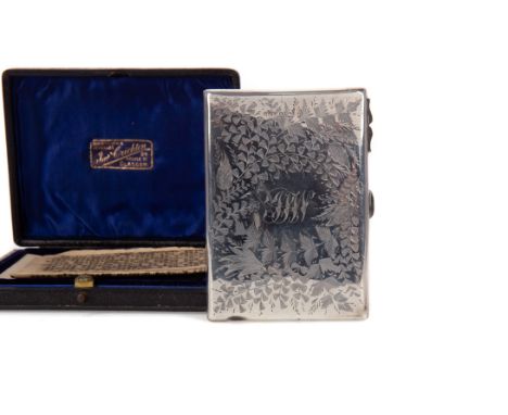 EDWARDIAN SILVER CARD CASE, maker Hilliard &amp; Thomason, Birmingham 1904, of oblong form, the exterior bright cut engraved 