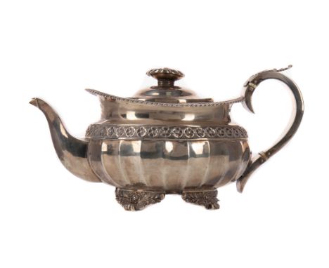 GEORGE IV SILVER TEAPOT, makers mark indistinct though possibly J. Hobbs, London 1823, the oval shaped body with an embossed 