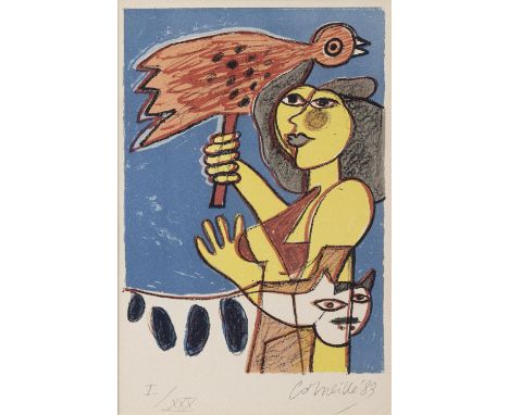 CORNEILLE (CORNEILLE GUILLAUME BEVERLOO) (1922-2010)Woman with Bird and CatLithograph, 24 x 16cmSigned, dated (19)'83 and num