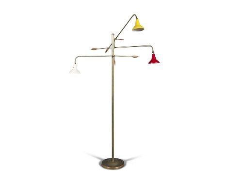 FLOOR LAMP A brass standard lamp with coloured enamel shad. Italy, c.1960. 185cm(h)