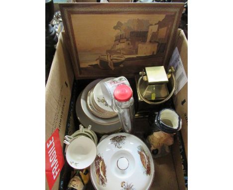 A mixed box of items, to include an inlaid picture, toby jug, Royal Worcester tea cups and saucers etc