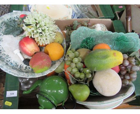 A box of sundries, to include china and model fruit