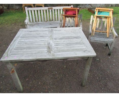 A collection of garden furniture to include benches, table, tools etc