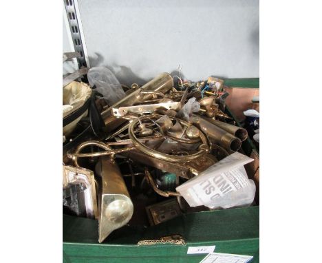 Box of metalware including light shades, brass plates etc&nbsp;