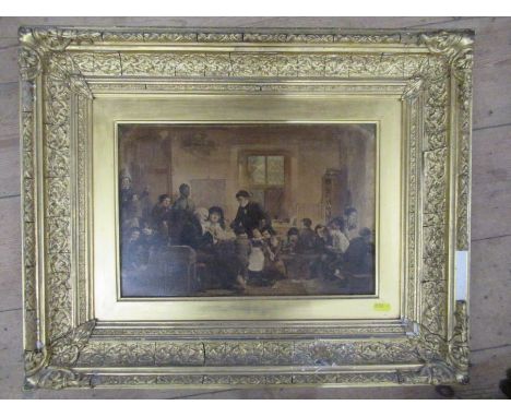 A Victorian print, on canvas, classroom scene, 9.5ins x 14ins, together with an overpainted portrait photograph
