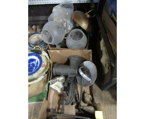 A Bass pottery match striker, together with a vintage mincer, a wall light fitting with a pair of frosted glass shades, etc